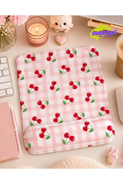 matizya Kiraz Desenli Bilek Destekli Mousepad 19x23 cm Ergonomik Kaymaz Taban...