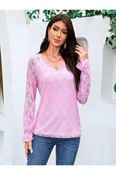 Other EVELIFE Lace Blouse with V-Neck Women's Lace Top Elegant Long Sleeve Fl...