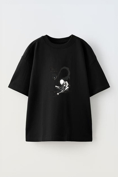 Anetos Tricou oversize negru din bumbac, cu imprimeu frontal cu design craniu...