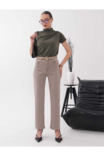 Budan Export Women's Belted High Waist Straight Straight Leg Washed 4-Pocket ...
