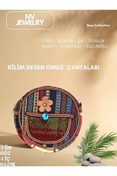 NV JEWELRY Kilim Desenli Çiçekli Yuvarlak Çanta