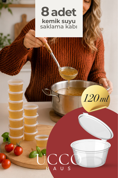 UCCO 8 Adet 120 ml Sızdırmaz Kapaklı Kemik Suyu Sosluk Buzluk Saklama Kabı, E...