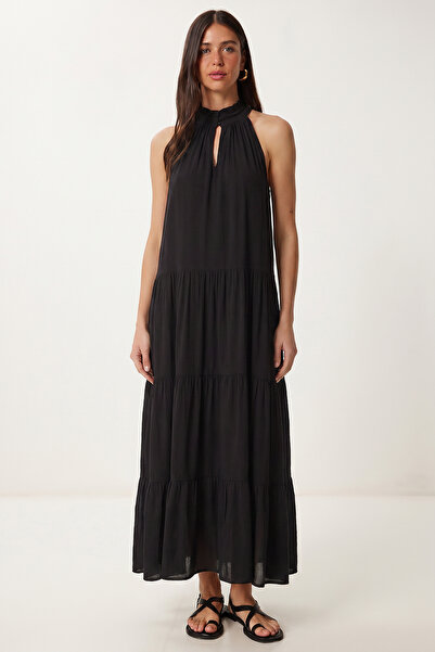 Lovelyİstanbul Flounced Summer Long Viscose Dress Lfg0181 Black