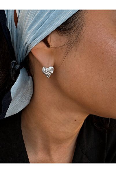 Markiz Takı Silver Color Textured Heart Earrings Pair 2 cm