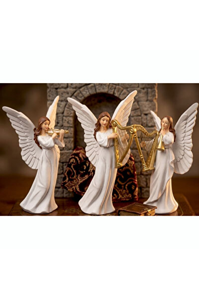 3'LÜ SET - Müzisyen Melekler 3'lü Biblo Seti - 16.5 cm Altın Detaylı Dekoratif Poliresin Heykel, Salon ve Ofis Hediyelik Melek Figürleri