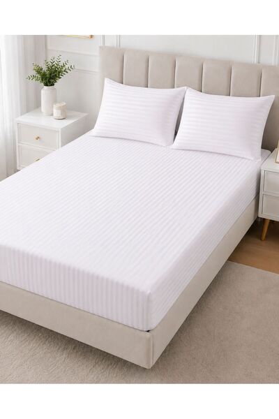 Sares Home Cotton White Color Striped Satin Double King Size Bed Sheet Set