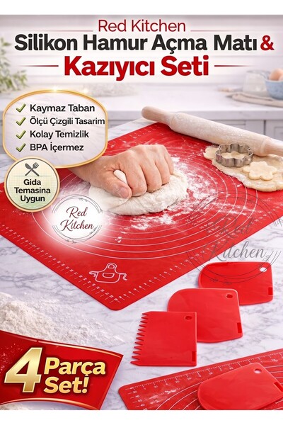 RED KİTCHEN Silikon Hamur Açma Matı Ölçekli Hamur Açma Altlığı Ve 3'lü Hamur ...