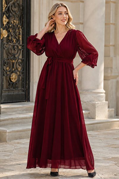 IŞILTI Women's Double Breasted Collar, Flounce Sleeves, Lined, Belted, A-Line...