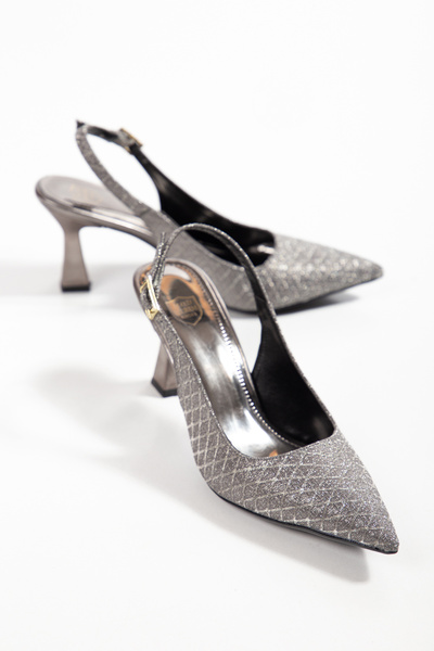 derim shoes Kadın Gri Simli Sivri Burun Slingback Abiye Topuklu Ayakkabı