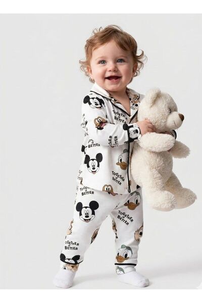 Bebeva Baby Figür Desenli Düğmeli Beyaz Erkek Bebek Pijama Takımı