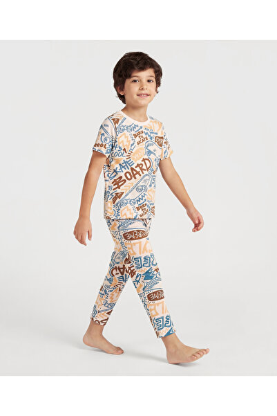 Pine kids Cotton Pajama Set with Graffiti Print - White