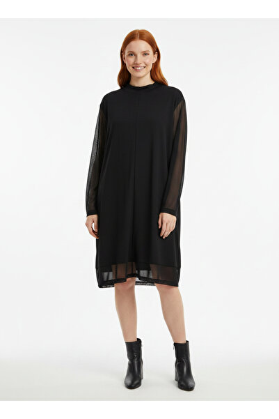 Neden Tekstil Women's Black Half Turtleneck Tulle Sleeve Midi Dress