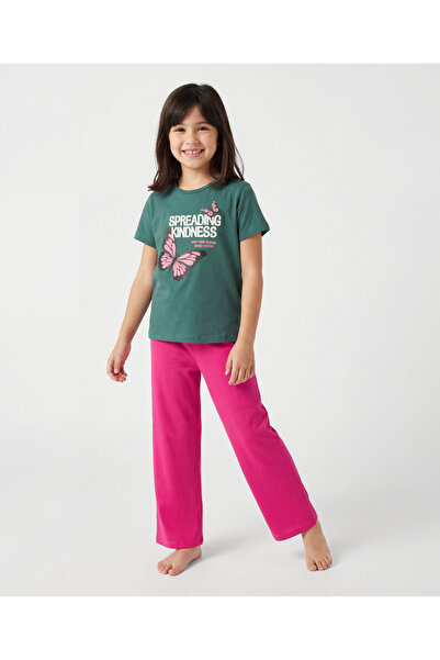 Pine kids Cotton Pajama Set with Butterfly Print - Green & Pink