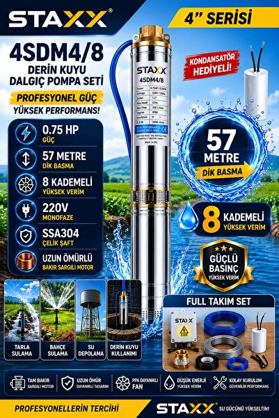 STAXX POWER 8 Kademeli Derin Kuyu Kalem Dalgıç Pompa Seti 57 Mt Dik Basma 220...