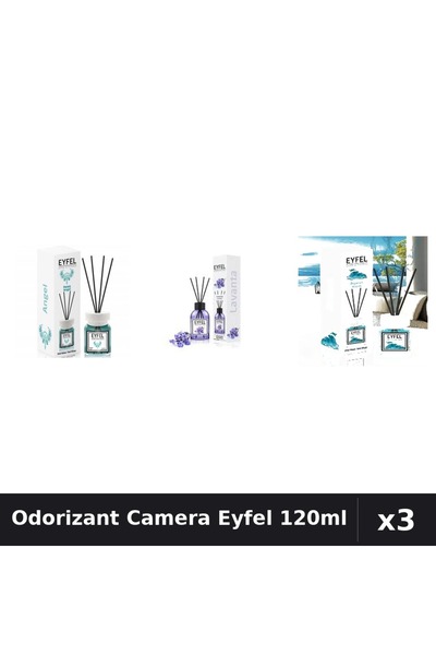 Eyfel Set 3 Odorizante Camera cu Betisoare 120ml - Angel, Lavanda, Ocean