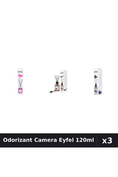 Eyfel Set 3 Odorizante Camera cu Betisoare - Bubble Gum, Vanilie, Zambile, 120ml