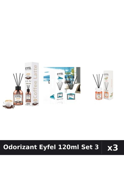 Eyfel Set 3 Odorizante Camera cu Betisoare 120ml - Cafea, Ocean, Acacia
