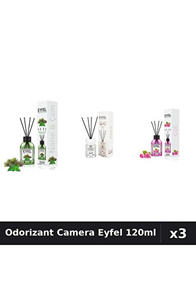 Eyfel Set 3 Odorizant Camera cu Betisoare - Bumbac, Pin Menta, Trandafir 120ml