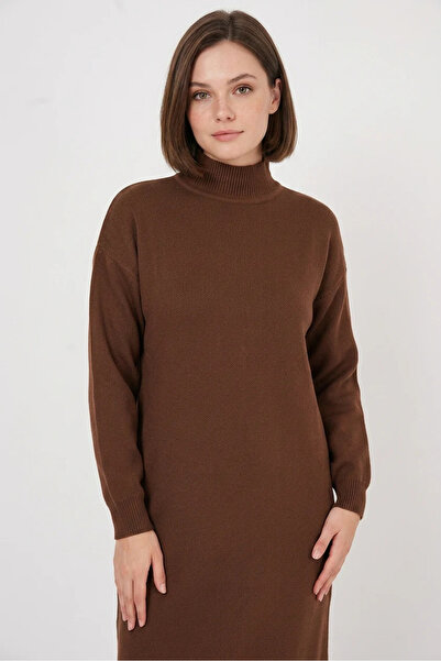 buğrahayalin Women's Round Neck Striped Knitwear Brown Dress