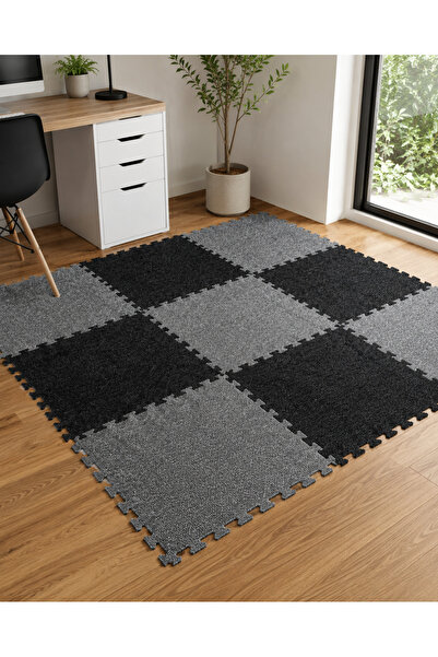 MİNUZ Puzzle Karo Halı Geçmeli Modüler Yer Döşemesi 1 Adet 50x50 Siyah Gri Ka...