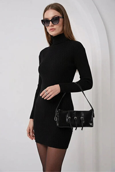 buğrahayalin Women's Turtleneck Straight Cut Knitwear Black Dress