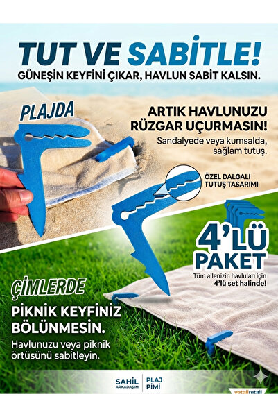 Mescolare Plaj Ve Çim Havlu Tutucu Sabitleyici Kazık Mandalı 4'lü Set - Rüzga...