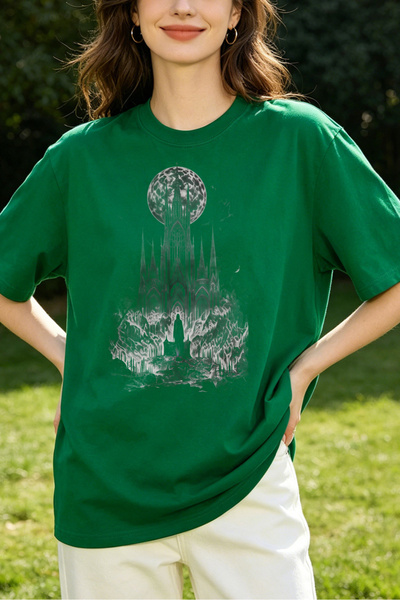 Fleck Womens T Shirts Fantasy Castle With Moon And Mountains Graphic Print Ov...