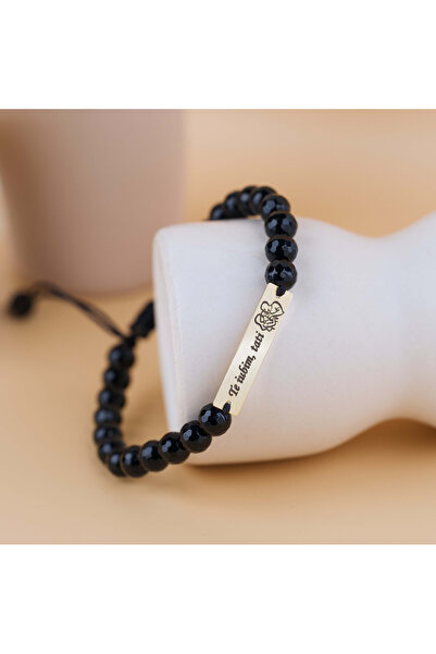 BLACK SWAN Bijoux Bratara onyx negre si placuta din Aur 14K 'Te iubim, Tati!'