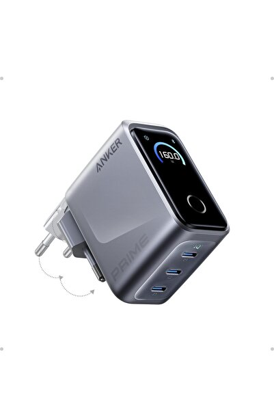 Anker Prime 160W USB C Şarj Cihazı, 3 Bağlantı Noktalı, Akıllı Ekran, Gri - A...