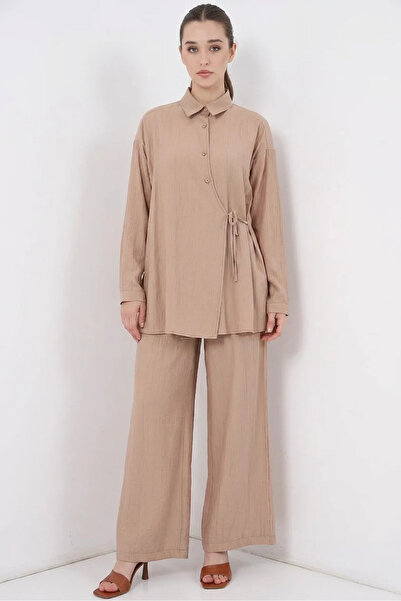 Şeker Portakalım Women's Shirt Collar, Gathered Waist, Lace-Up Viscose Beige ...