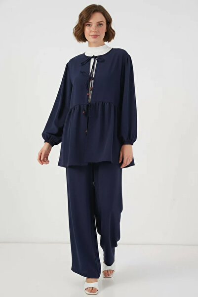 buğrahayalin Women's Lace-Up Collar Navy Blue Two-Piece Set