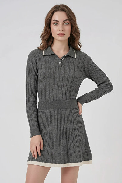 buğrahayalin Women's Polo Collar Vertical Stitching Detailed Knitwear Anthrac...