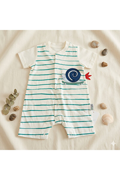 Victorino Cotton Baby Cotton Jumpsuit – White Romper with Green Stripes and S...