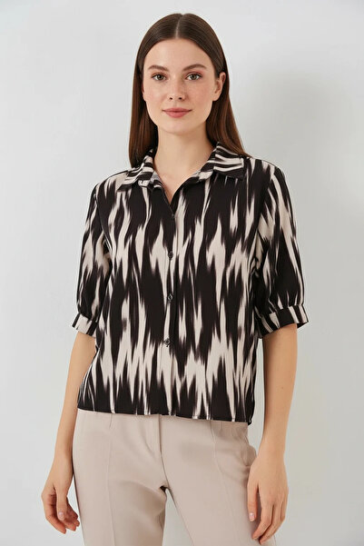 buğrahayalin Women's Short Sleeve Patterned Viscose Black Shirt