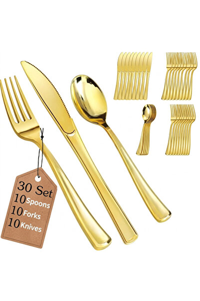 4basix Premium Golden Plastic Cutlery Set, 30 Pieces, Spoons, Forks, Knives, ...