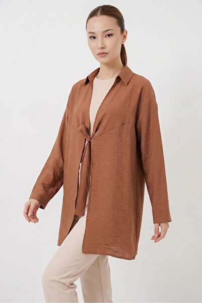 buğrahayalin Women's Shirt Collar Belted Lace-Up Viscose Tan Kimono