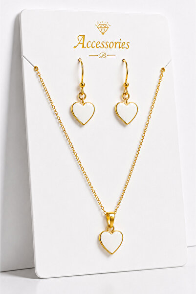 MakeWell Pink White Red Heart Figured Gold Necklace and Earrings Jewelry Set ...