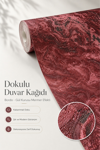 Zeharin Bordo Gül Kurusu Mermer Desenli Kabartmalı Silinebilir Vinil Duvar Ka...