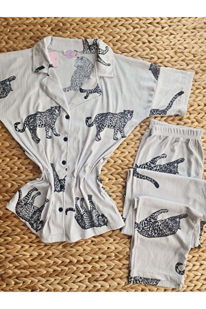 Pegasus Leopar Gri Pijama Takımı - Kısa Kollu