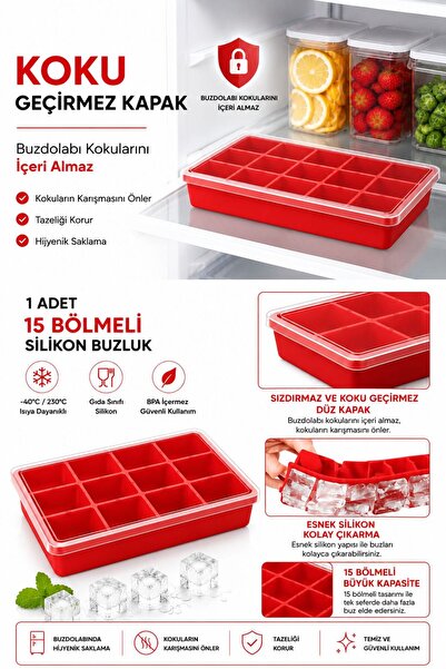 ERMA HOME Silikon Kapaklı Buzluk Kalıbı 15 Li Kırmızı