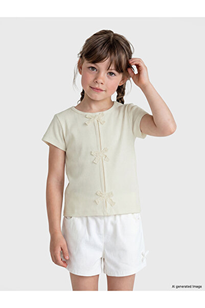 LC Waikiki Vizyon New Season Crew Neck Bow Detail Girls' T-Shirt