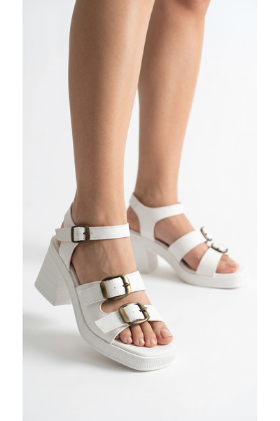 Limeo Women's summer sandals with front double strips and buckles skin high d...