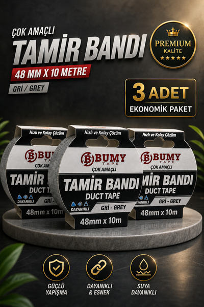 BUMY 3 ADET GRİ Tamir İzolasyon Bandı 48 Mm X 10 METRE Duct Tape Su Geçirmez ...