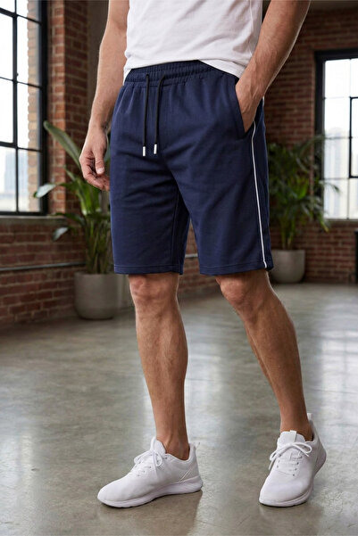 Veleno Men's Navy Blue Side-Piped Shorts with Zippered Back Pockets Bermuda