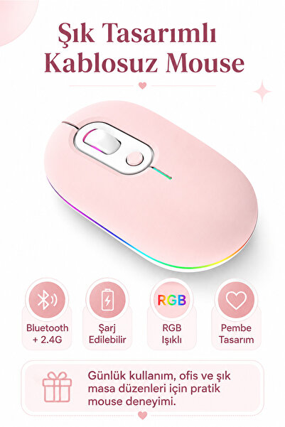 Zilvana Pembe Şarjlı Kablosuz Mouse Bluetooth 5.2 + 2.4G Çift Modlu Sessiz Tu...