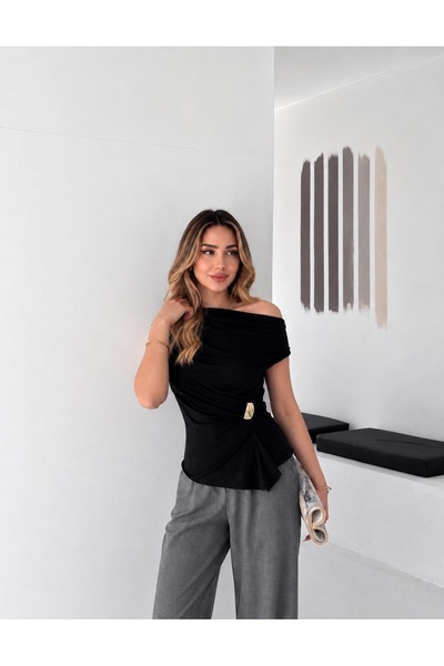 SHERA CLOTHİNG Kadın Siyah Tek Omuzlu Drapeli Bluz