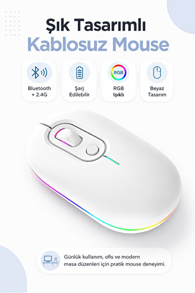 Zilvana Beyaz Şarjlı Kablosuz Mouse Bluetooth 5.2 + 2.4G Çift Modlu Sessiz Tu...