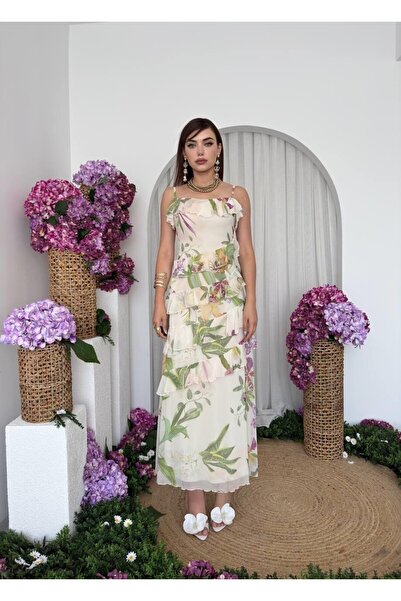 Caddebostan Moda Floral Print Ruffle Chiffon Midi Dress with Rope Straps Summ...