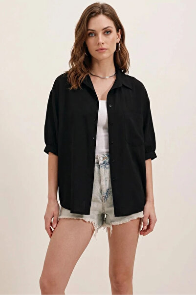buğrahayalin Women's Short Sleeve Basic Oversize Cotton Black Shirt