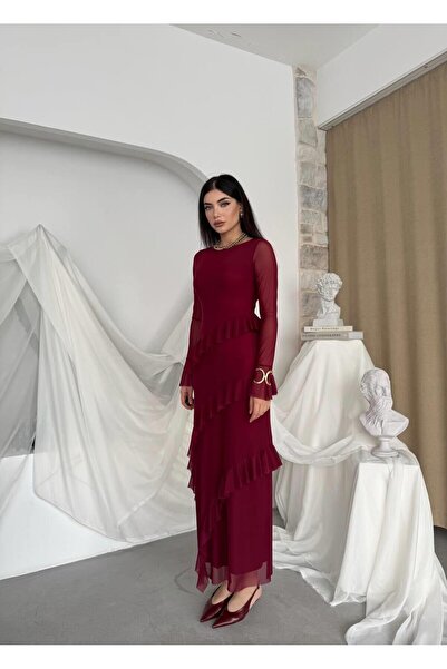 Caddebostan Moda فستان سهرة نسائي بأكمام طويلة من التول المكشكش، فستان أنيق ب...